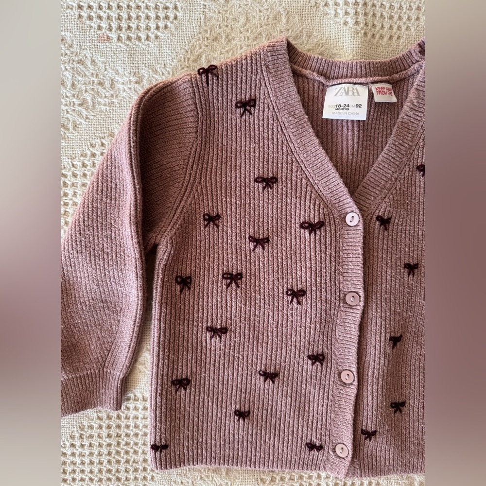 Zara Hand Embroidered Bow Cardigan 18-24 mths Cotton Blend - Picture 2 of 4